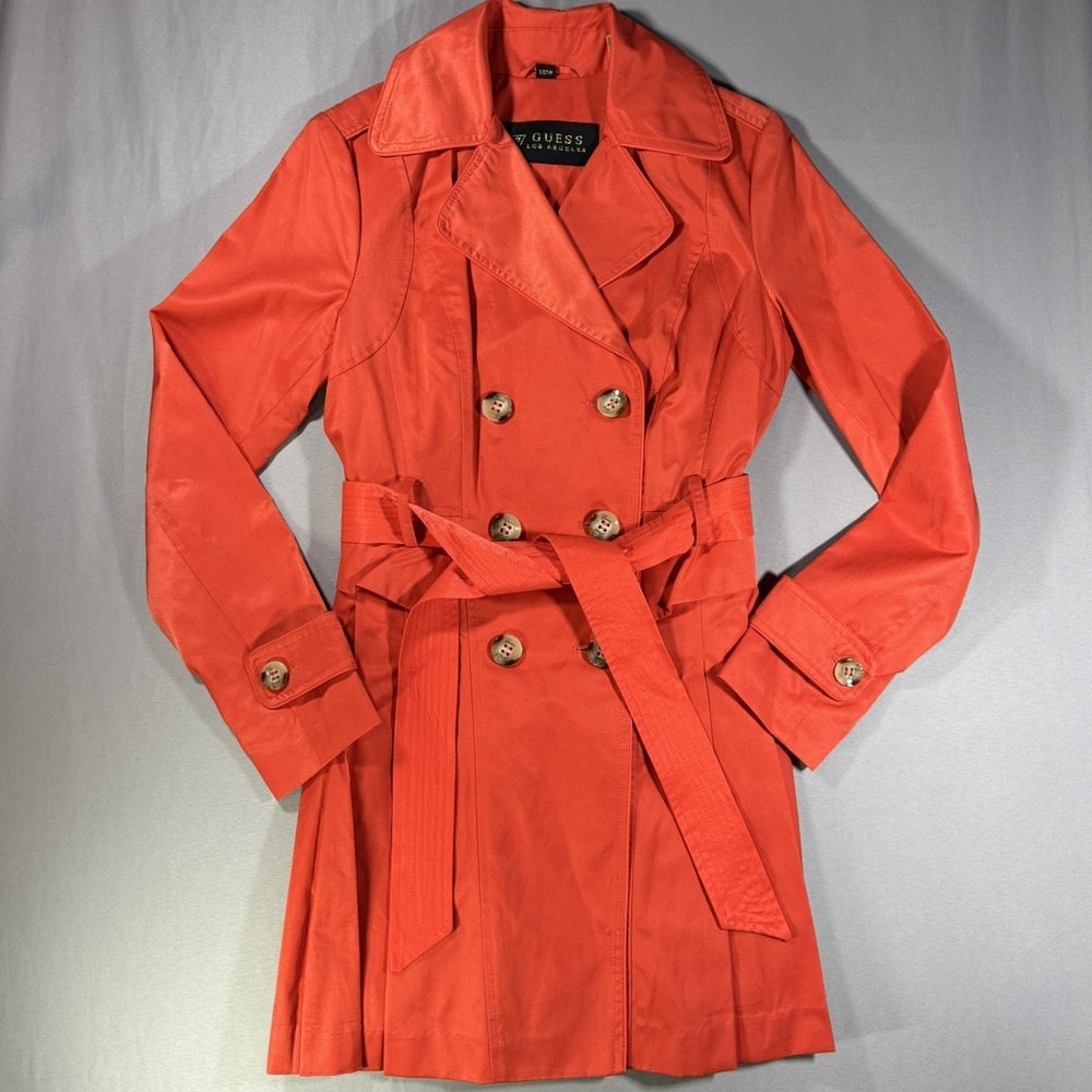 Guess Womens Orange Coral Double Breasted Belted Trench Coat Jacket Size Small